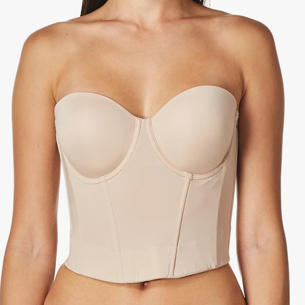 ON GOSSAMER Sz 34D Nude Long Line Strapless Bustier Corset Bra
